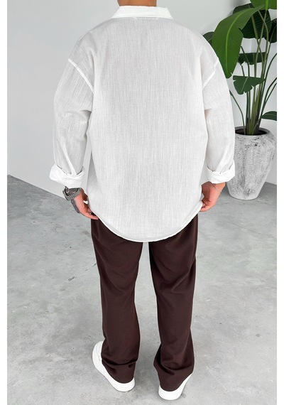 Beyaz Oversize Fresh Keten Gömlek Beyaz