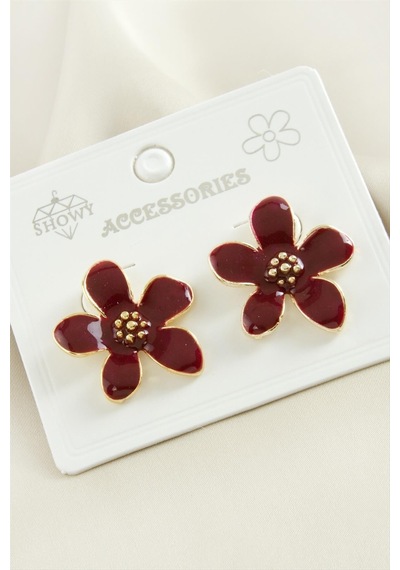 Çiçek - 509 - Mineli Metal - Nazblsmm - Küpe Bordo