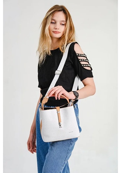 Just Polo Kadın Orta Boy Ayarlanabilir Askılı Şık El & Omuz Çantası Shoulder Bag Beyaz Taba