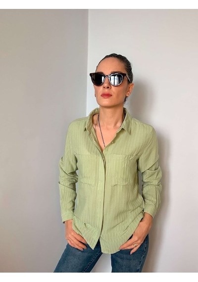 Ali Butik Çağla Fitilli Gizli Düğme Detaylı Viskon Gömlek Çağla