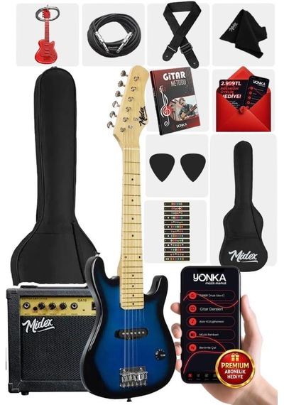 Midex Ceg-30bl 4-6 Yaş Çocuklar İçin Amfili Full 1/4 30 İnç Elektro Gitar Seti Blue Black