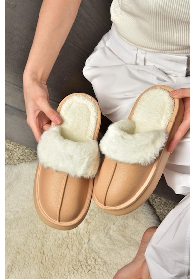 Fox Shoes T918264209 Vizon İçi Peluş Kadın Terlik Vizon