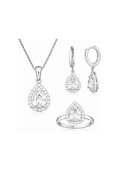 Gümüş Beyaz Zirkon Taşlı Damla Kadın Set 96442880