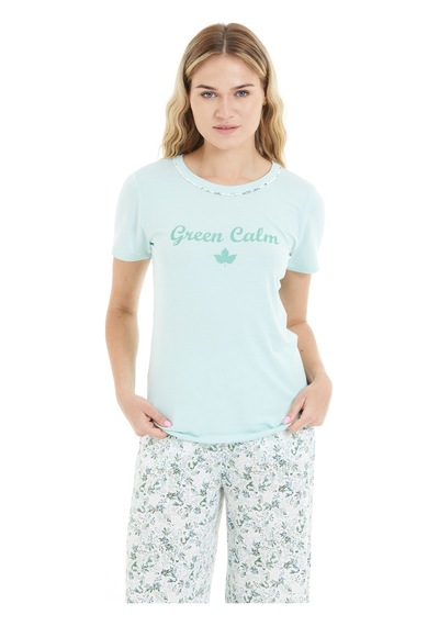 Lılac Kadın Çiçek Desenli %100 Viscon Pijama Takımı Mint Mint