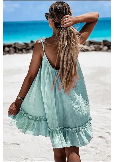 Aqe Fashion Kadın Pileli Spageti Askılı Mint Elbise Mint