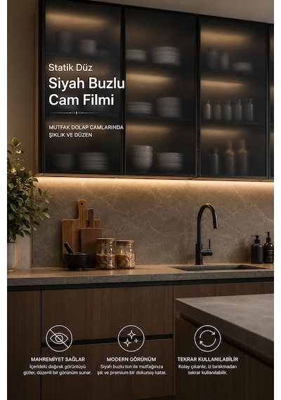 Deconitte Statik Düz Siyah Buzlu Cam Filmi 60x100 Cm Yapışkansız Mahremiyet Sağlayan Dekoratif Cam Kaplama, Kumlama