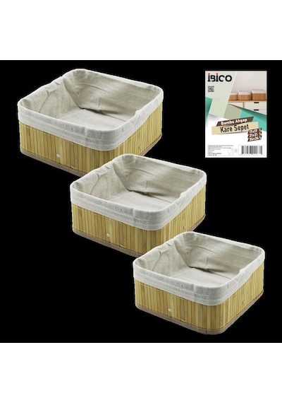 3'lü Kare Organizer Sepet Seti - Bambu Kenarlı Ahşap Taban Bez Astarlı 17x17 / 21x21 / 26x26 Cm Çok Renkli