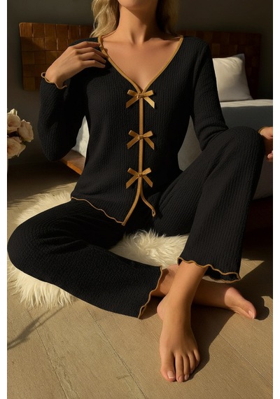 Moda Dua Kadın Siyah Fiyonklu İç Çamaşırı Ve Uzun Kollu V Yaka Pijama Takımı 4'lü Set