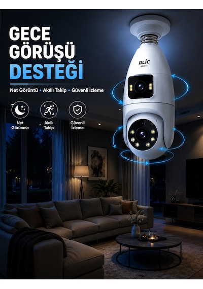 Gece Görüşlü Çift Lens Wi-fi Ampul Kamera Mobil Takip Destekli - Lisinya