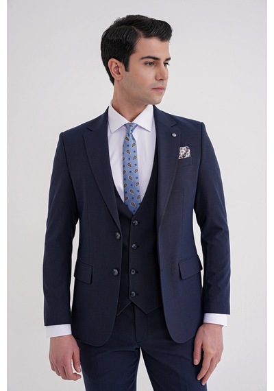 Efor Slim Fit Çift Yırtmaç Ekoseli Esnek Yünlü Yelekli Klasik Lacivert Takım Elbise Tk 934 Lacivert