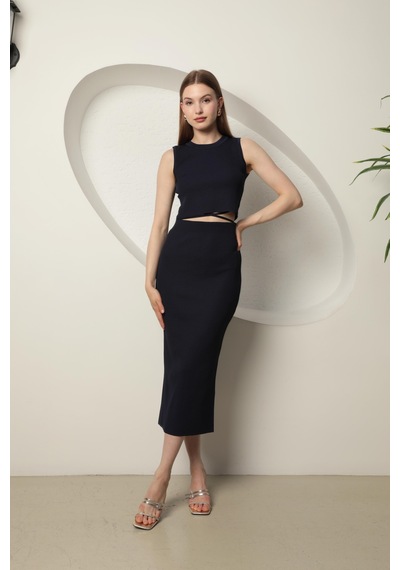 Chıcnhappy Triko Kumaş Croplu Etek Kadın Takım Lacivert - %100 Polyester Lacivert