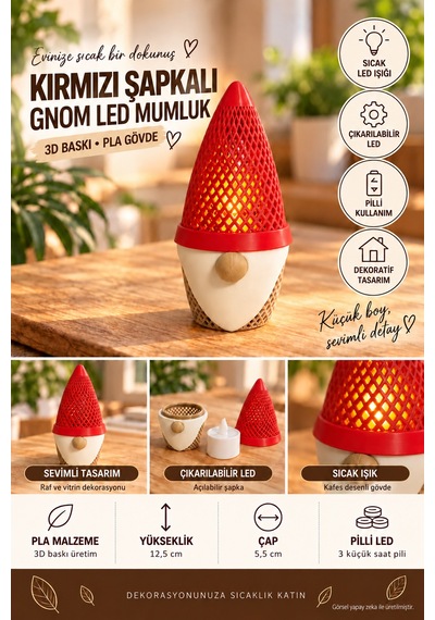 Kırmızı Şapkalı Gnom Led Mumluk 3d Baskı Pla Dekor, 12,5 Cm