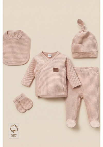 Minory Baby - %100 Pamuk 5'li Hastane Çıkışı Seti Yenidoğan 5'li Set Waffle Kumaş Battaniyesiz Çok Renkli Çok Renkli