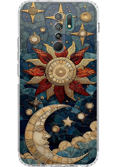 Printify Redmi 9 İle Uyumlu Vitray Sol Ve Luna Tasarımlı Şeffaf Silikon Kılıf Şeffaf