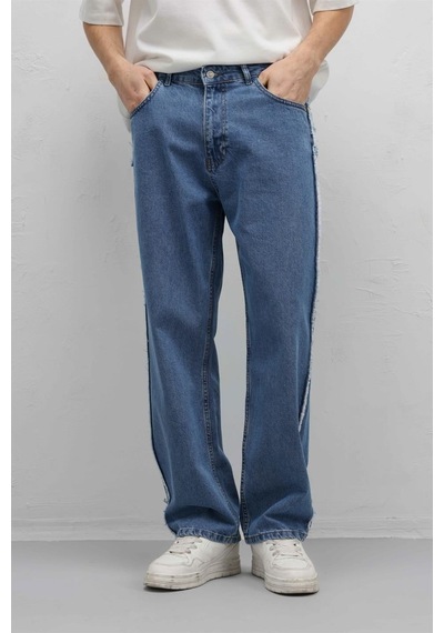 Vamos Yan Dikiş Detaylı Baggy Jean Mavi
