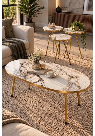 Sulorahome Beyaz Ve Gold Metal Ayaklı 4'lü Sehpa Seti Tablalar Beyaz Mermer / Ayaklar Gold