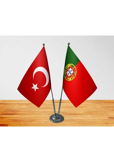 Masa Üstü Portekiz Bayrağı Türk Bayrağı İkili Krom Direk Masa Bay