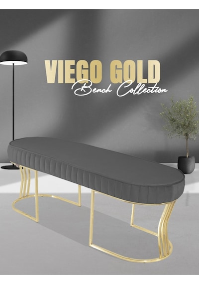 Viego Gold Striped- Gri Kapitoneli Chester Model Puf & Bench & Koltuk & Uzun Makyaj Puff & Yatak Ucu &önü