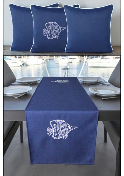 Kırlent Kılıfı 45x45 3'lü Set + 145x40 Runner Marin Nakışlı Balık Desen Su İtici Outdoor Keten Lacivert