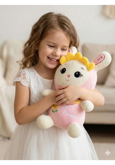 35 Cm Ayçiçeği Kostümlü Pembe Peluş Tavşan - Yumuşak Uyku Arkadaşı - Sun Flower Nakışlı Beyaz - Pembe