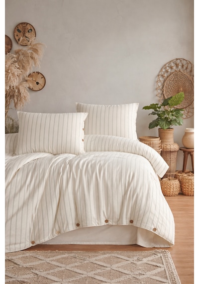 Uçkan Home %100 Organik Pamuk Yıkanmış Çizgili Çift Kişilik Nevresim Takımı-naturalis Serisi--uh-00088 Krem - Yeşil