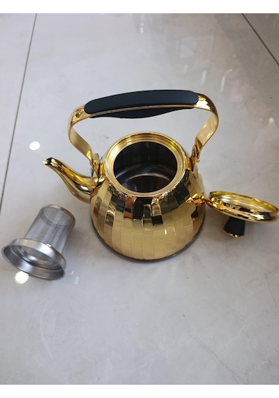 Zekioğlu 3 Litre Altın Gold Paslanmaz Çelik Çaydanlık Aynalı Gövde Ergonomik Sap 5 Katmanlı Kapsül Taban İthal Demlik Sarı