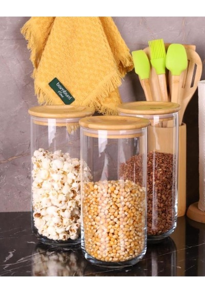 Duo 1300ml 3'lü Saklama Kabı-bambu Kapaklı Cam Baharatlık