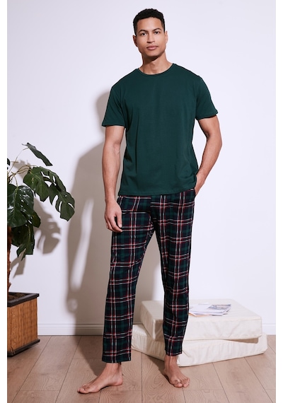 Buratti Ekoseli Pamuklu Regular Fit Kısa Kollu Erkek Pijama Takımı 6572006 Yeşil