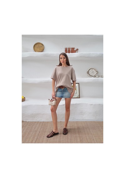 Paw Garage Kadın Mia İnterlok Kumaş Bisiklet Yaka Oversize T-shirt Vizon