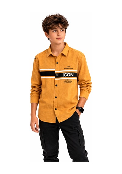İrem Erkek Çocuk Katlamalı Kol Model Icon Yazı Desenli Çıtçıt Kapamalı Hardal Renk Gömlek