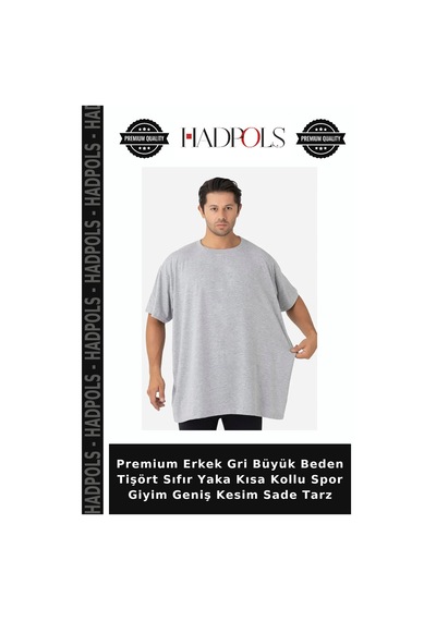 Hadpols Premium Erkek Gri Büyük Beden Tişört Sıfır Yaka Kısa Kollu Spor Giyim Geniş Kesim Sade Tarz