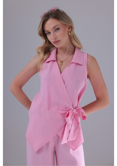Eseclass Yandan Bağlamalı Kruvaze Model Tencel Gömlek Pembe Pembe