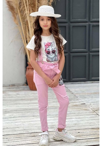 Riccotarz Kız Çocuk Üzeri Digital Baskılı T-shirt Yırtmaç Ve Kedi Detaylı Pembe Jean Salopet Takım Pembe Riccotarz Kız Çocuk Üzeri Digital Baskılı T-shirt Yırtmaç Ve Kedi Detaylı Pembe Jean Salopet Takım Pembe