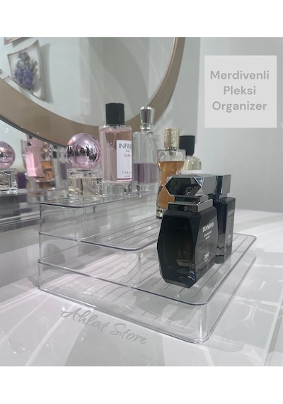 3 Merdivenli Pleksi Stand Baharatlık Standı Kozmetik Standı Sadec Beyaz