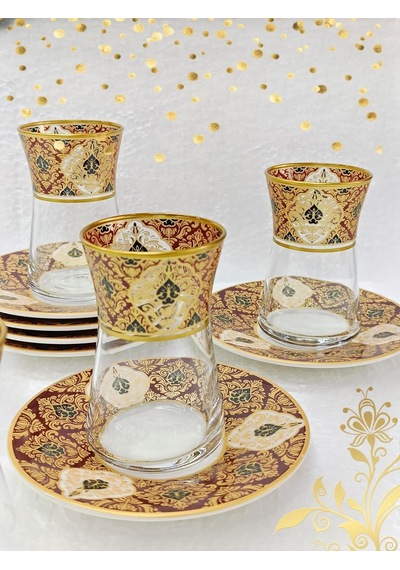 Heybeli Altın Bordo Desenli Cam Porselen Çay Seti 6 Kişilik Tea Set For 6 Persons Premium Porcelain çok renkli