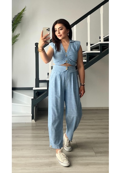 Bebe Mavi Omuz Vatka Detaylı Crop Bluz - Pantolon Takım Bebe Mavi