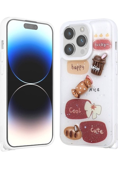 Apple Uyumlu iPhone 14 Pro Kılıf Parlayan Sıvılı Simli Kabartma Figürlü Zore Cevze Kapak-beyaz Beyaz