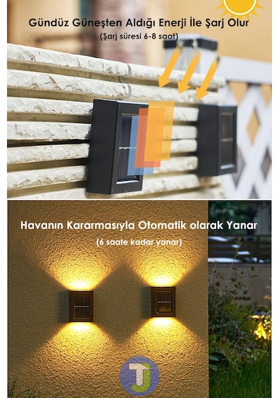 Technojet Çift Taraflı Modern Solar Güneş Enerji Bahçe Aydınlatma Aplik Sarı Işık Led Lamba 2 Adet