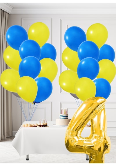 4 Yaş Sarı Lacivert Taraftar Temalı Doğum Günü Seti Sarı Lacivert Balonlar Altın Folyo Rakam Sarı