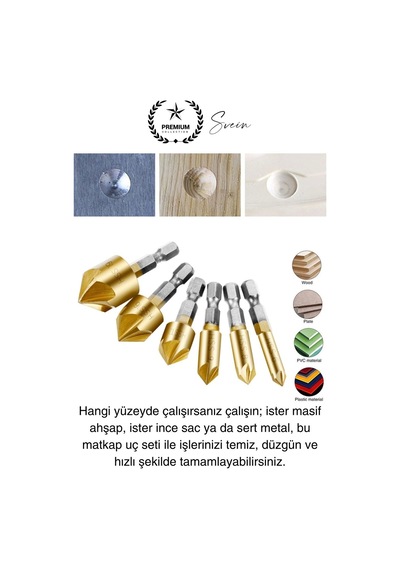Premium Titanyum Kaplama 6'lı Kırılmaz Uçlu Paslanmaz Ahşap Sac Metal Havşa Açma Matkap Uç Seti