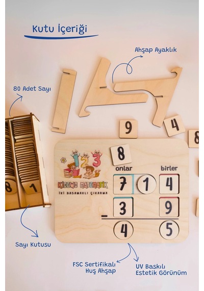 İlkokul Matematik + Eğitici Çıkarma İşlemi Ahşap Oyuncak Etkinlik Seti + Kolay Öğrenme Rakam Bultak