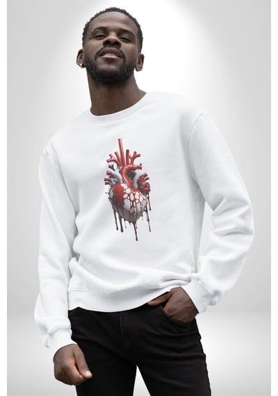 Kırmızı Beyaz Kalp Toplar Damar Unisex Beyaz Baskılı Sweatshirt Beyaz