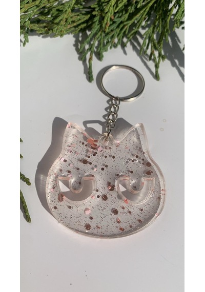 Epoksi İçinde Pembe Glitterli Gümüş Aksesuar Kedi Yüzü Anahtarlık