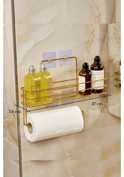Parlak Altın Modern Banyo Rafı Yapışkanlı Duş Organizer Kağıt Havluluk