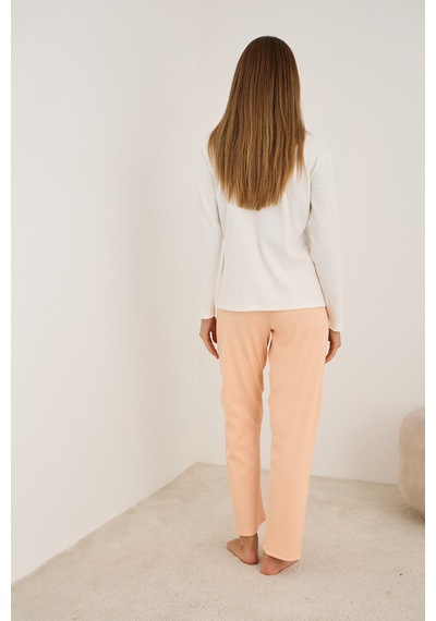 Siyah İnci Pamuklu Fitilli Kaşkorse Örme Pijama Takım25226013 Somon