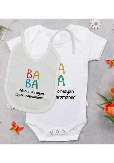 Bitmeyenkartus Bk Kids Baba Tasarımlı Bebek Body Zıbın Ve Mama Önlüğü Hediye Set (548582584) Çok Renkli