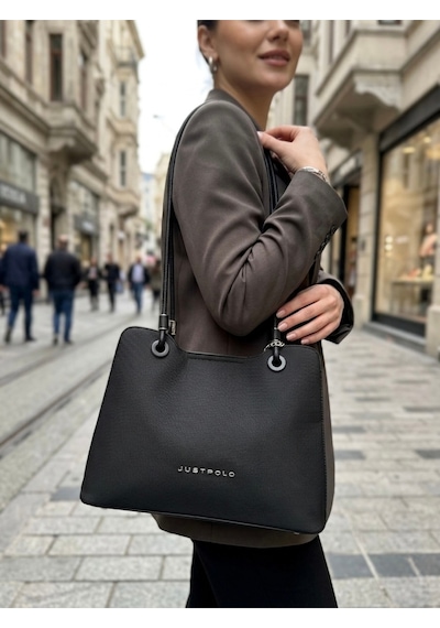 Just Polo Kadın Büyük Boy Premium Gümüş Logolu El Çantası Ve Cüzdanı Kombin Tote Bag Ebat : 22 X 34 Cm Siyah