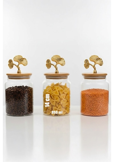 3 Lü Bambu Kapaklı Ginkgo Figürlü Kavanoz Seti - Orta Boy Saklama Kabı 890ml Şeffaf