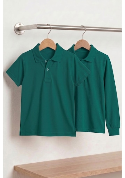 Nacar Store Unisex Çocuk Uzun Ve Kısa Kollu Polo Yaka Okul Tişörtü 2'li Set Zümrüt Yeşil