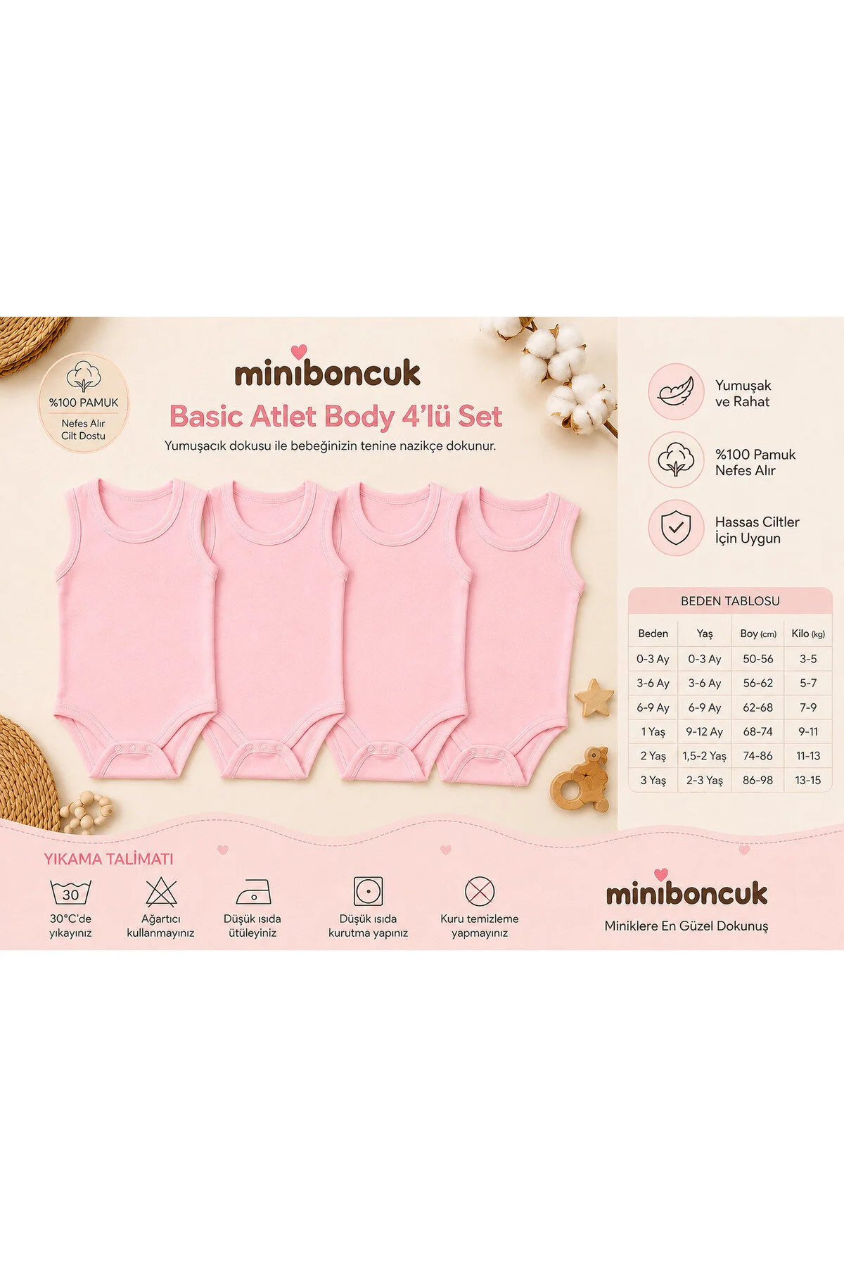 Mini Boncuk %100 Pamuk 4 Lü Pembe Askılı Bebek Body Atlet Seti